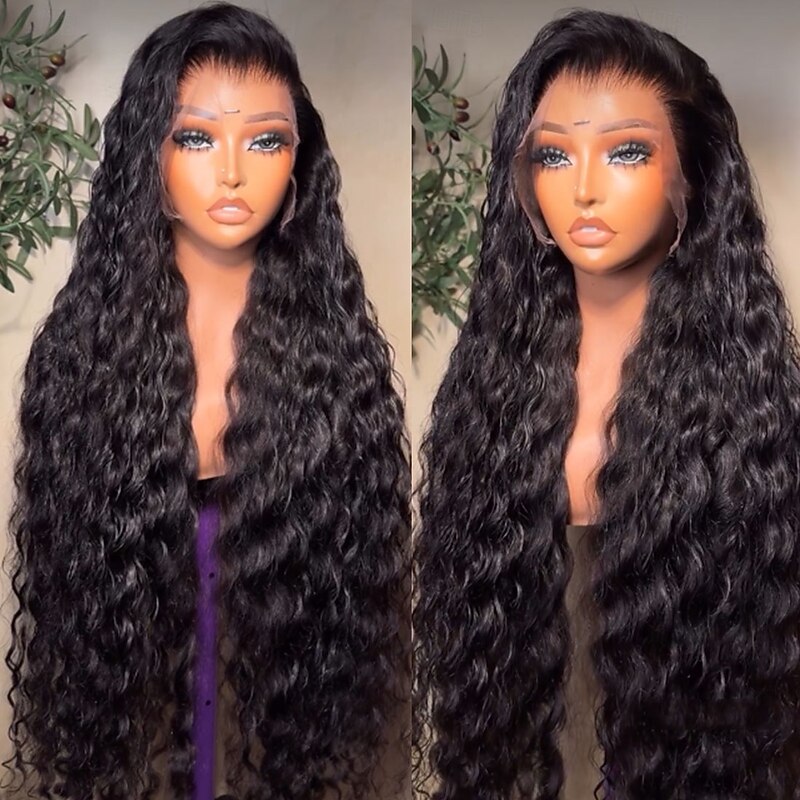Unprocessed Virgin Hair 5x5 Closure 13x4 Lace Front Wig Free Part Brazilian Hair Water Wave Black Wig 130% 150% Density with Baby Hair Natural Hairline 100% Virgin Glueless Pre-Plucked For Women Long