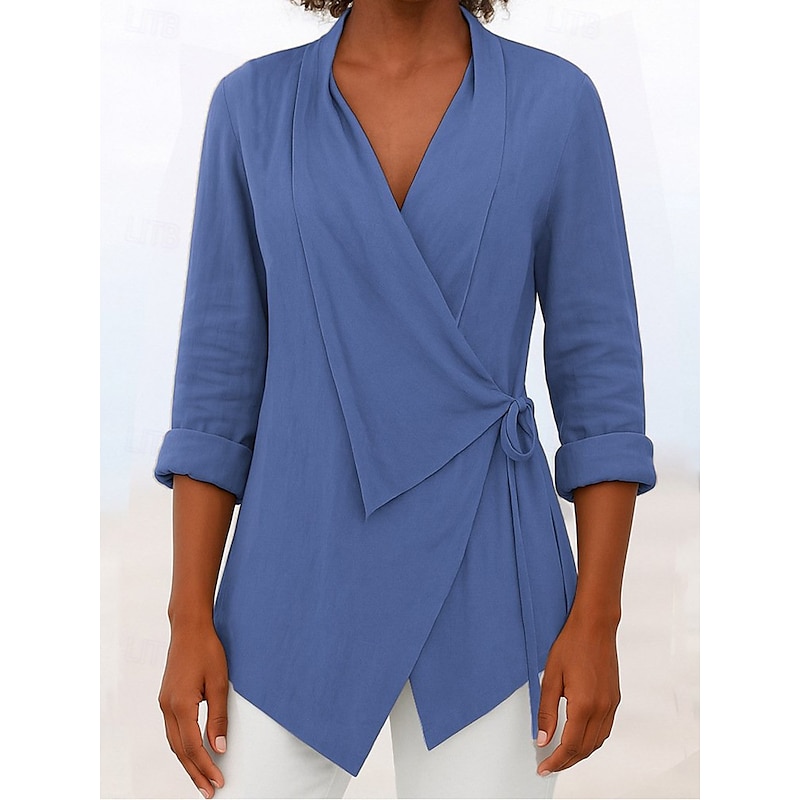 Women's Blouse Solid Color Elegant Stylish Basic Long Sleeve V Neck Regular Tops Daily Holiday Tie Front Black Pink Blue Brown Gray Summer Fall2
