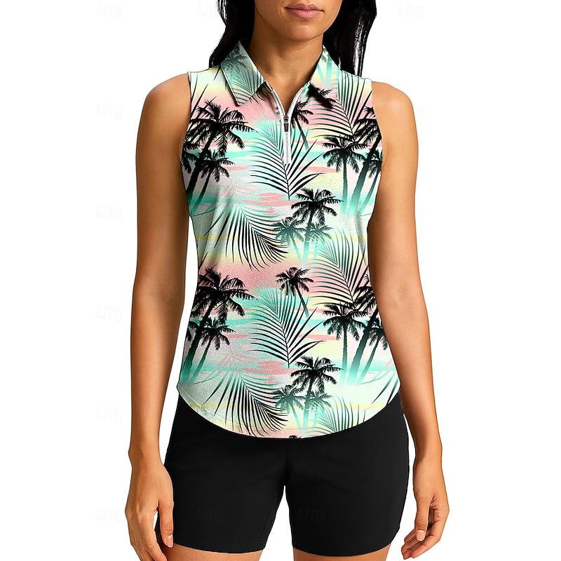 Women's Tree Plants Tops Sport Shirt Golf Polo Shirt Tennis Shirt Sleeveless Zipper UPF50+ UV Resistant High Elasticity Moisture Wicking Breathable Tennis Pickleball Running Turndown Zip Collar Shirt