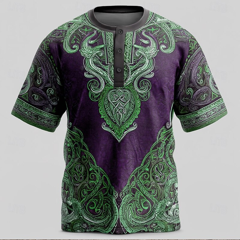 Men's Viking T Shirt Henley Shirt Short Sleeve Viking Designer Retro Vintage Street Casual Daily Summer Spring All Seasons Light Green Blue Dark Green khaki Henley Henley T-Shirt3