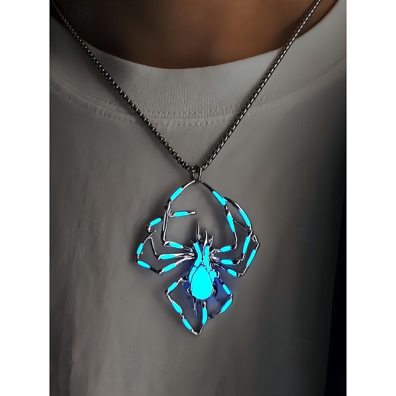 Men's Halloween Glow-in-the-Dark Spider Pendant Necklace – Stainless Steel & Zinc Alloy, Gothic Style, Party & Cosplay Jewelr