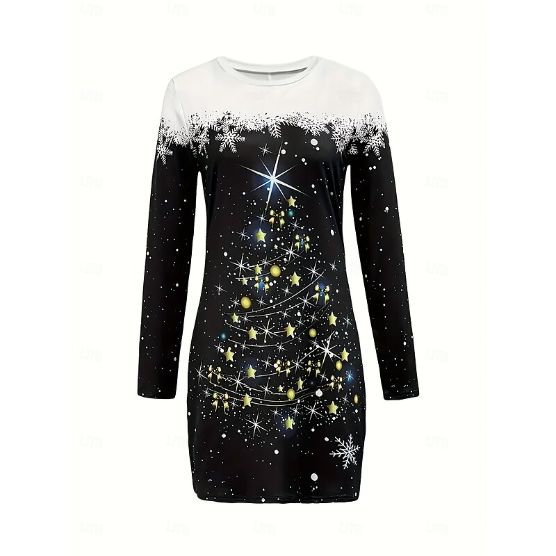 Women's Mini Dress Christmas Dress Fashion Modern Christmas Vacation Party Regular Fit Snowflake Long Sleeve Crew Neck Black Spring Fall2