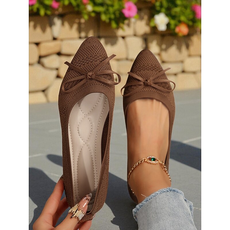 Women's Flyknit Bow Ballet Flats – Lightweight Breathable Elegant Casual Shoes for Daily Wear, Outdoor Park Walks and Spring Garden Picnics