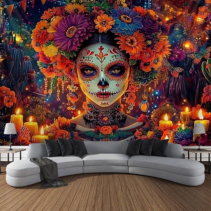 Day of the Dead Sugar Skull Wall Tapestry Backdrop, Mexican Dia de los Muertos Colorful Decoration for 2025 Halloween Living Room, Bedroom3