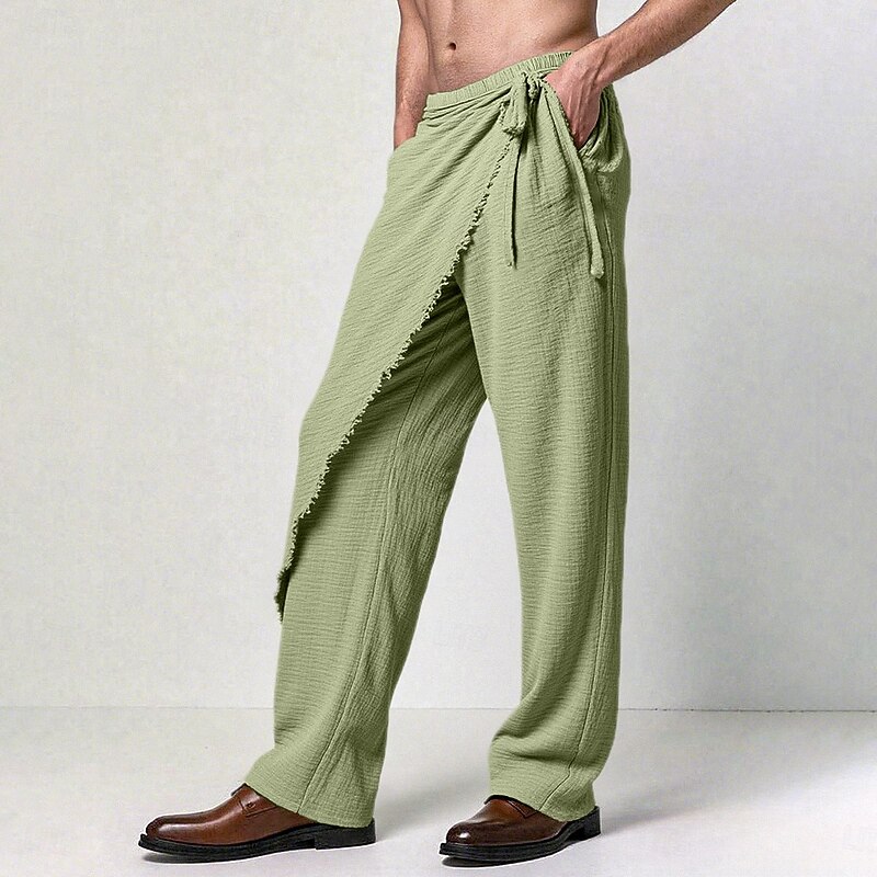 Men's Linen Pants Trousers Summer Pants Drawstring Elastic Waist Straight Leg Plain Comfort Breathable Full Length Outdoor Casual Daily Vacation Fashion White Brown Inelastic3