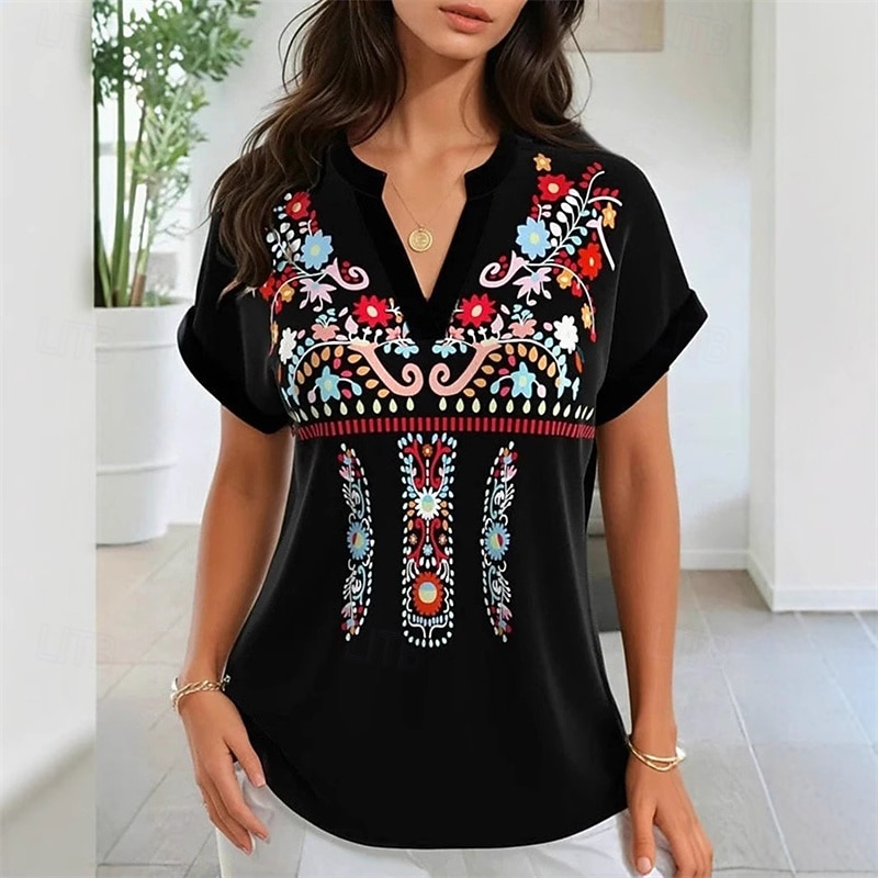Women's T Shirt Tee Top Flowers Fashion Modern Short Sleeve V Neck Regular Tops Daily Going out Beach Wear Print Black Summer