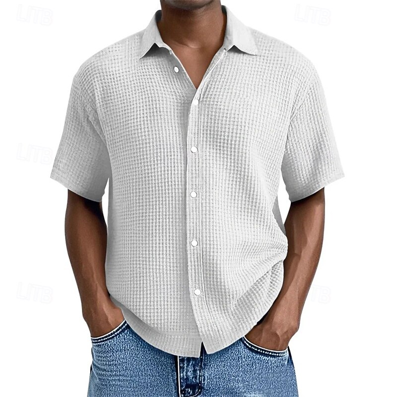 Men's Shirt Waffle Shirt Summer Shirt Casual Shirt Beach Shirt Button Up Shirt Black White Light Green Pink Royal Blue Short Sleeve Plain Lapel Vacation Hawaiian Clothing Apparel Polyester Fashion4