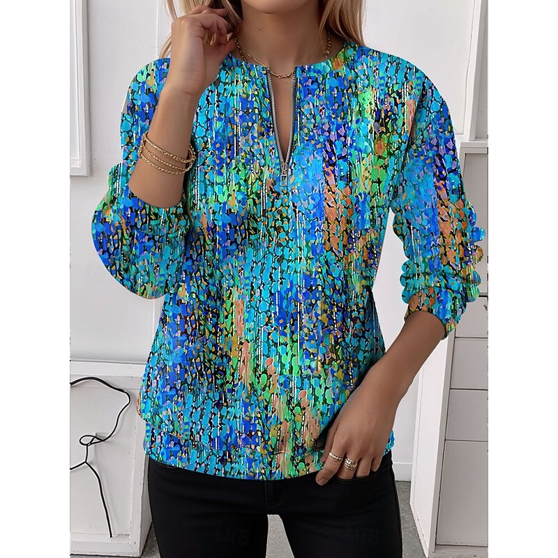 Women's Quarter Zipper Sweater Graphic Abstract Casual Long Sleeve Crew Neck Regular Tops Street Dailywear Half Print Red Blue Purple Green Fall Winter3