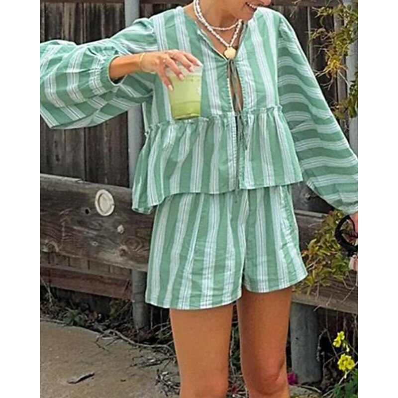 Women's Active Blouse Shorts Sets Long Sleeve V Neck Striped Ruched Outdoor Vacation Pink Green Fall Regular Fit3