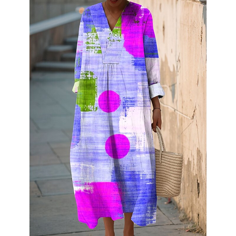 Women's Midi Dress V Neck Long Sleeve Kaftan Lightweight Loose Fit A Line Dress Casual Boho Going out Standard Fit Graphic Geometric Long Sleeve V Neck Pink Orange Amethyst Fall2
