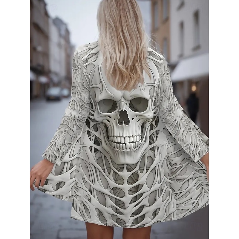 Halloween Women's Coat Lightweight Skulls Comfortable 3D Print Vintage Artistic Casual Skull Casual Long Collarless Regular Fit Long Sleeve Outerwear Black White Red Spring Fall