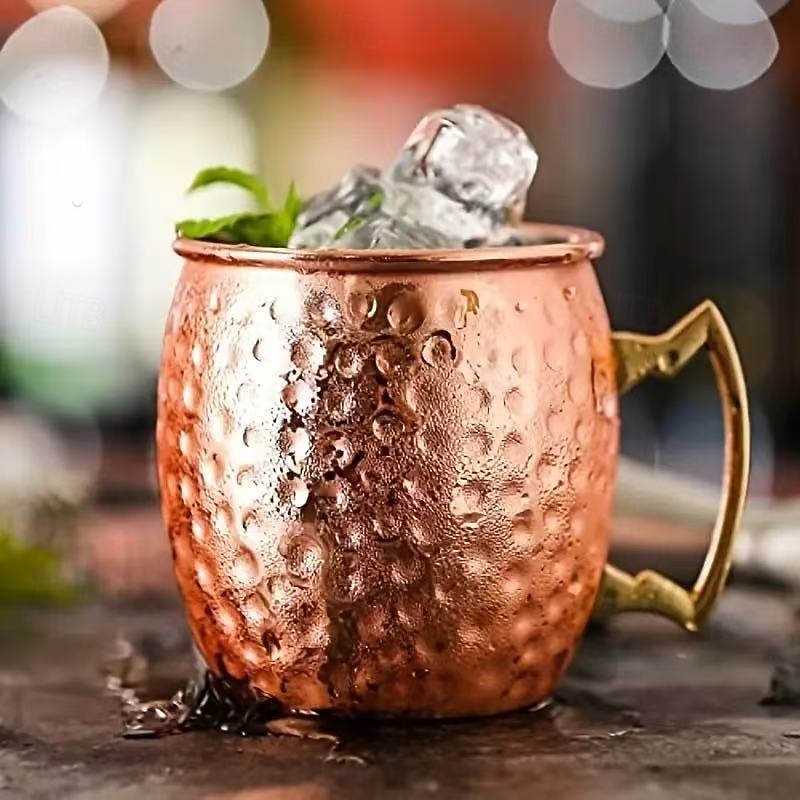 16oz Hammered Copper Moscow Mule Mug, Single Cup with 304 Stainless Steel Lining and Brass Handle, for Cold Drinks, Beer, Wine, Bar, Party, Gift