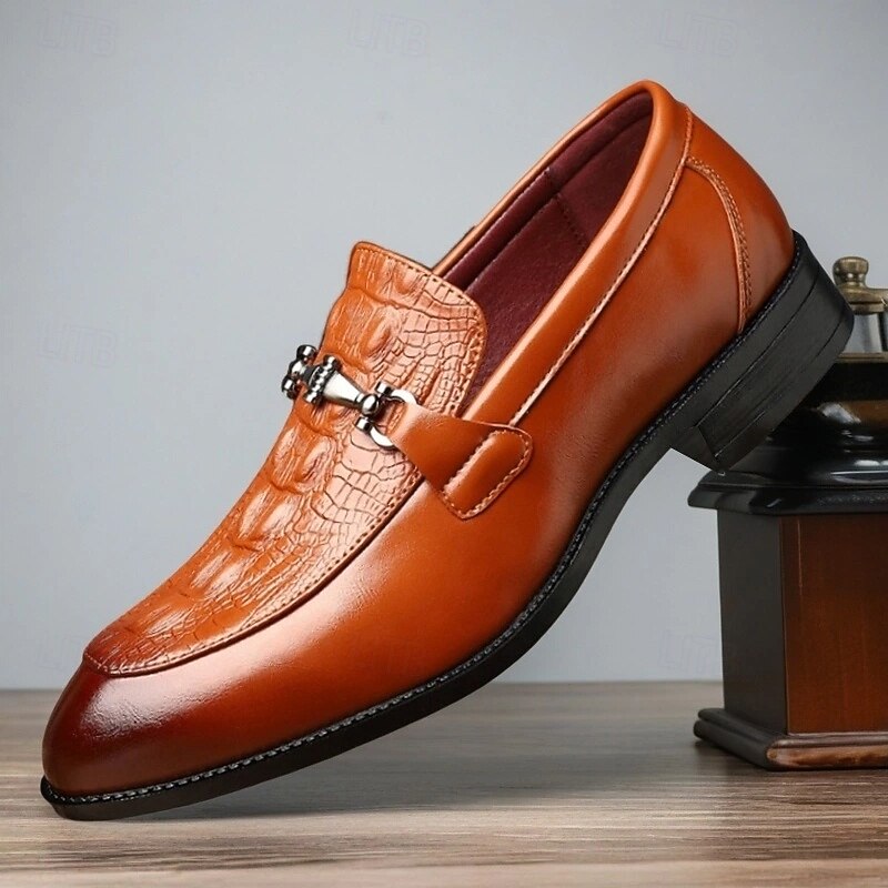 Men's Tan Crocodile Pattern Faux Leather Loafers – Elegant Slip-on Dress Shoes with Decorative Metal Bit for Weddings, Office Meetings and Formal Social Events