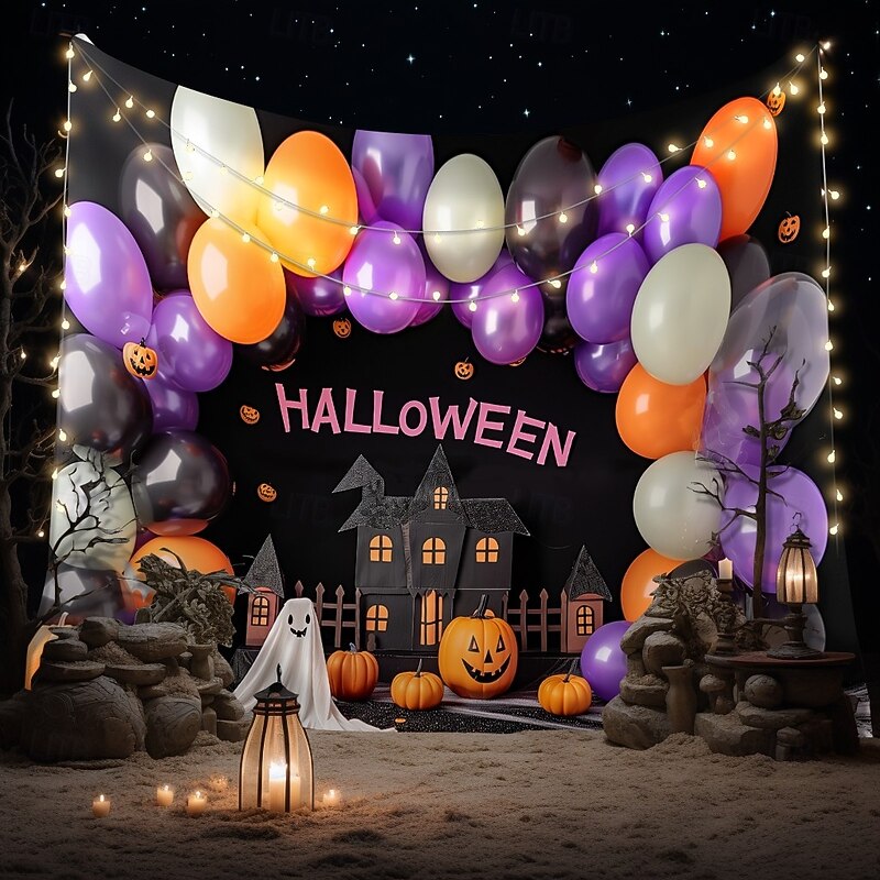 Halloween Balloon Arch Backdrop – Haunted House Pumpkin Ghost Wall Hanging Tapestry Photography Background for Party Bedroom Living Room  2025 Halloween Home Decoration4