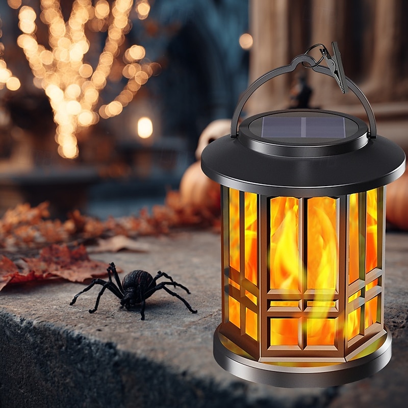 1 Pc Halloween Christmas Outdoor Waterproof Solar Simulation Flashing Flame Lantern 28 LED Beads Courtyard Garden Lawn Path Terrace Hanging Light Pendant Decorative Light Landscape Light