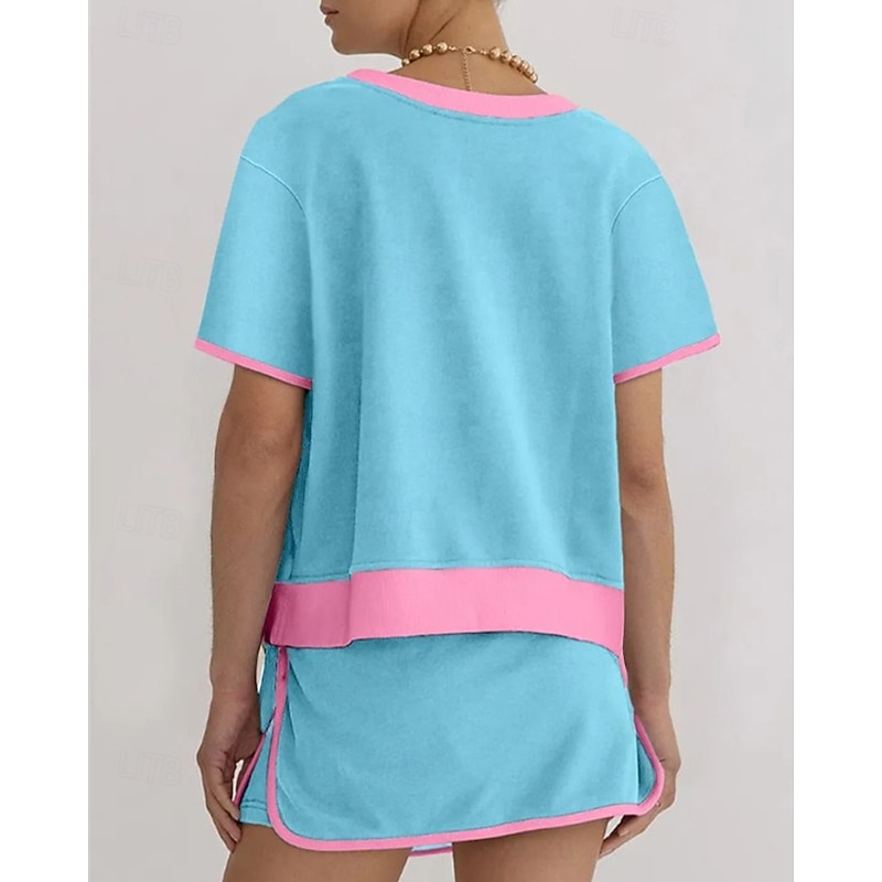 Women's Fashion Basic T Shirt Skirt Sets Shorts Sets Short Sleeve Crew Neck Color Block Patchwork Vacation Casual Daily Black Pink Sky Blue Summer Regular Fit2