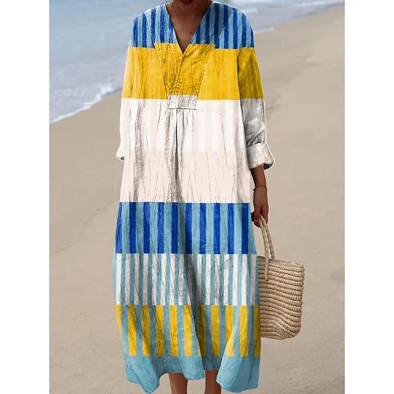 Women's Midi Dress V Neck Long Sleeve Kaftan Lightweight Loose Fit A Line Dress Casual Boho Party Loose Fit Graphic Geometric Long Sleeve V Neck Yellow Pink Blue Orange Fall3