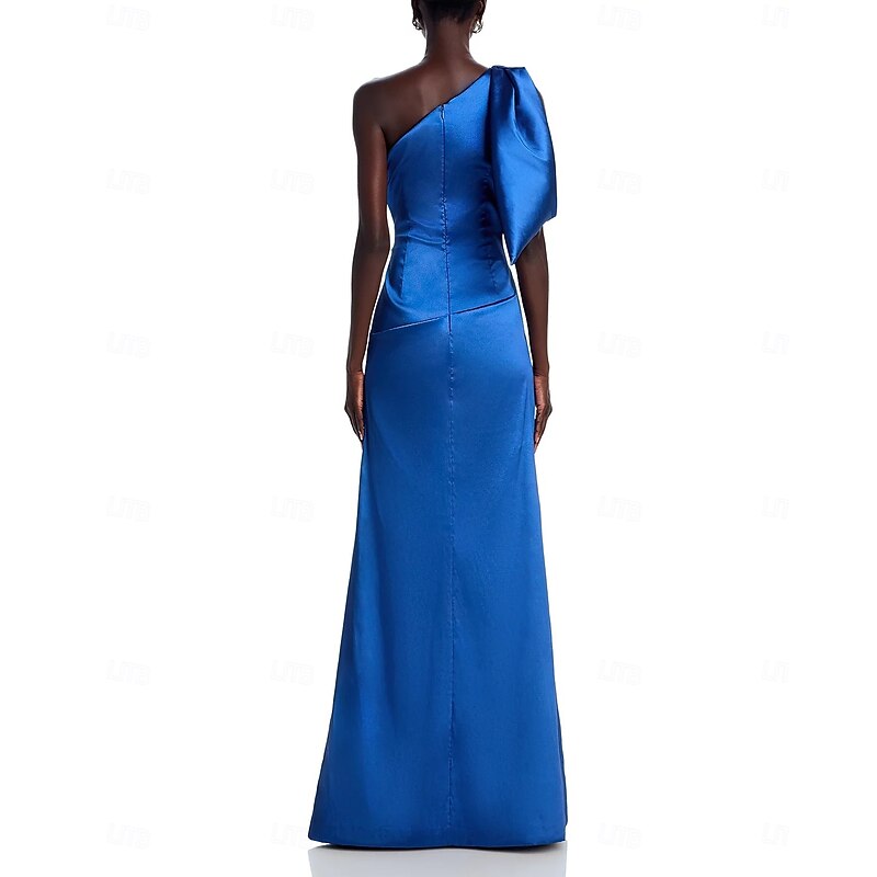 Black Tie Mermaid / Trumpet Evening Gown Glossy Elegant Dress Formal Wedding Floor Length Sleeveless One Shoulder Satin with Bow(s) Pleats Ruched4
