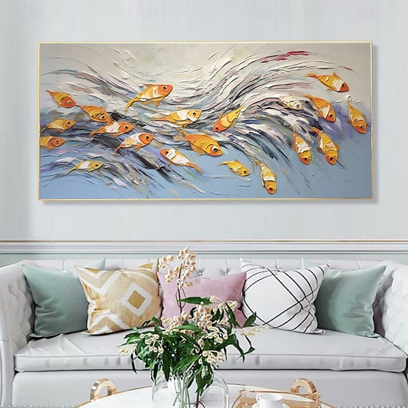 Handmade Oil Painting Canvas Wall Art Decoration Modern Abstract Happy Fish for Living Room Home Decor Stretched Frame Hanging Painting/Rolled Frameless Unstretched Painting