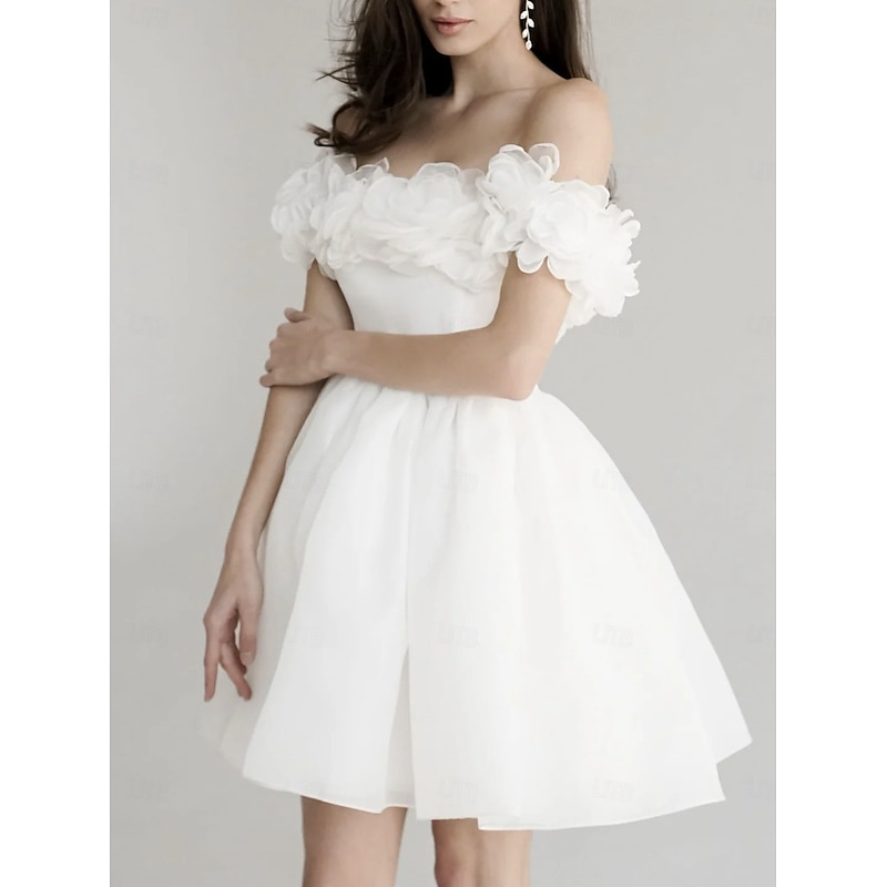 A-Line Cocktail Dresses Little White Dresses Dress Homecoming Short / Mini Short Sleeve Off Shoulder Organza with Pleats Shouder Flower3