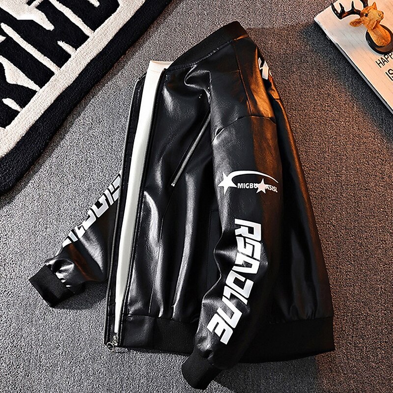 Men's Faux Leather Jacket Biker Jacket Motorcycle Jacket Vacation Daily Windproof Warm Pocket Fall Winter Letter Fashion Classic Stand Collar Regular Black White Red Jacket3