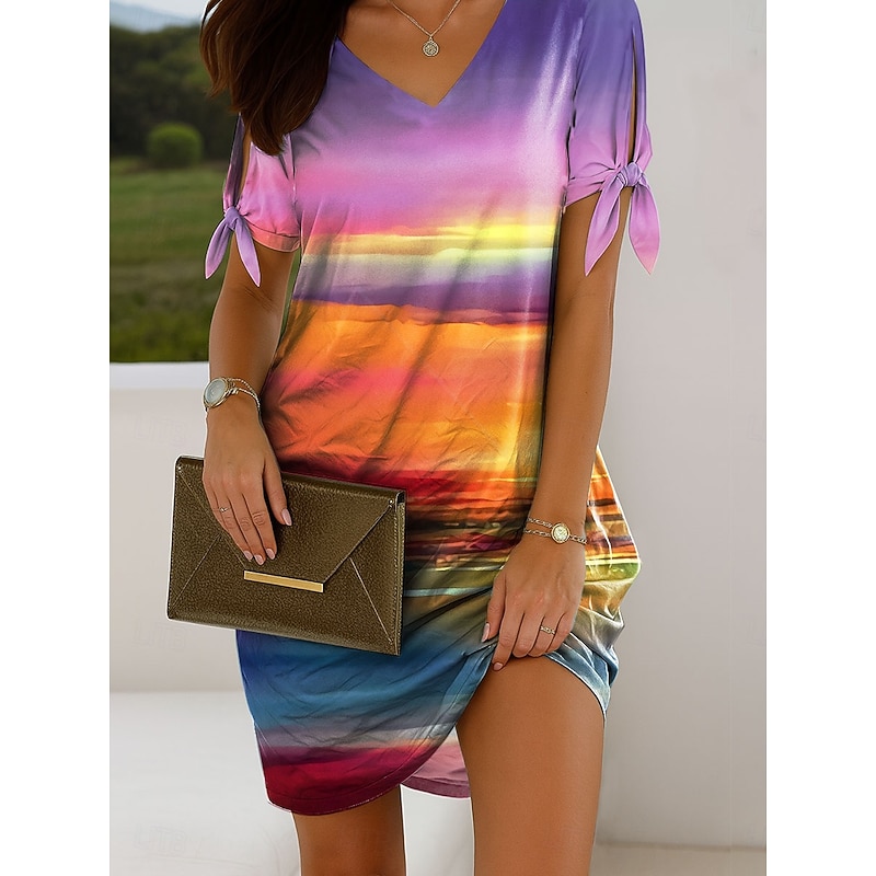 Women's Mini Dress Casual Dress T Shirt Dress Tee Dress Summer Dress Elegant Vacation Vintage Cold Shoulder Regular Fit Ombre Graphic Short Sleeve V Neck Pink Blue Orange Green Summer Spring