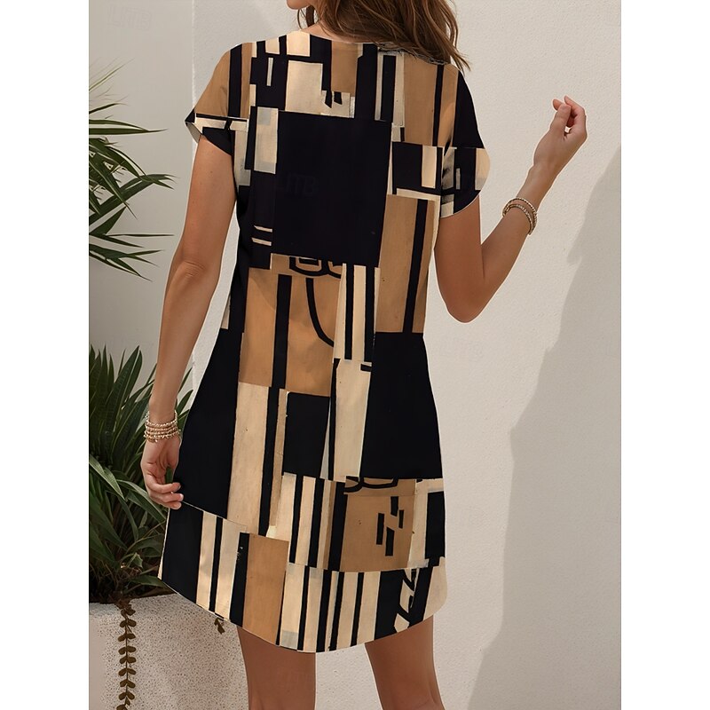 Women's Mini Dress Knit Dress Casual Dress T Shirt Dress Tee Dress Sundress Vacation Casual Regular Fit Graphic Geometric Short Sleeve V Neck Black And White Yellow Pink Blue Summer Spring2