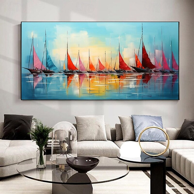 Handmade Oil Painting Canvas Wall Art Decoration Modern Abstract Sailing Boat Landscape for Living Room Home Decor Stretched Frame Hanging Painting/Rolled Frameless Unstretched Painting2