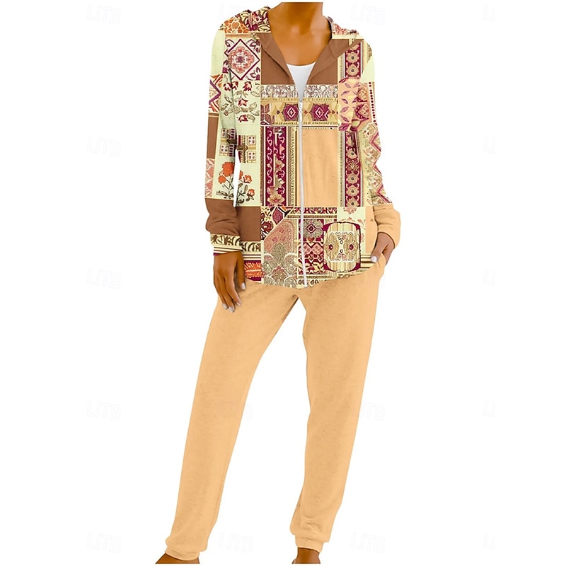 Women's 2 Pieces Hoodie Tracksuits Long Sleeve Daily Round Neck Hooded Floral Graphic Geometric Zipper Drawstring Print Casual Yellow Green Fall Regular Fit4