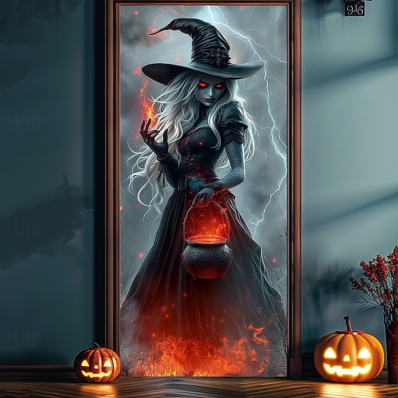 Halloween Door Cover – Witch Holding Glowing Pumpkin Lantern, Haunted House Entrance Banner, Creepy Outdoor 2025 Halloween Decoration for Bedroom, Living Room, Bathroom