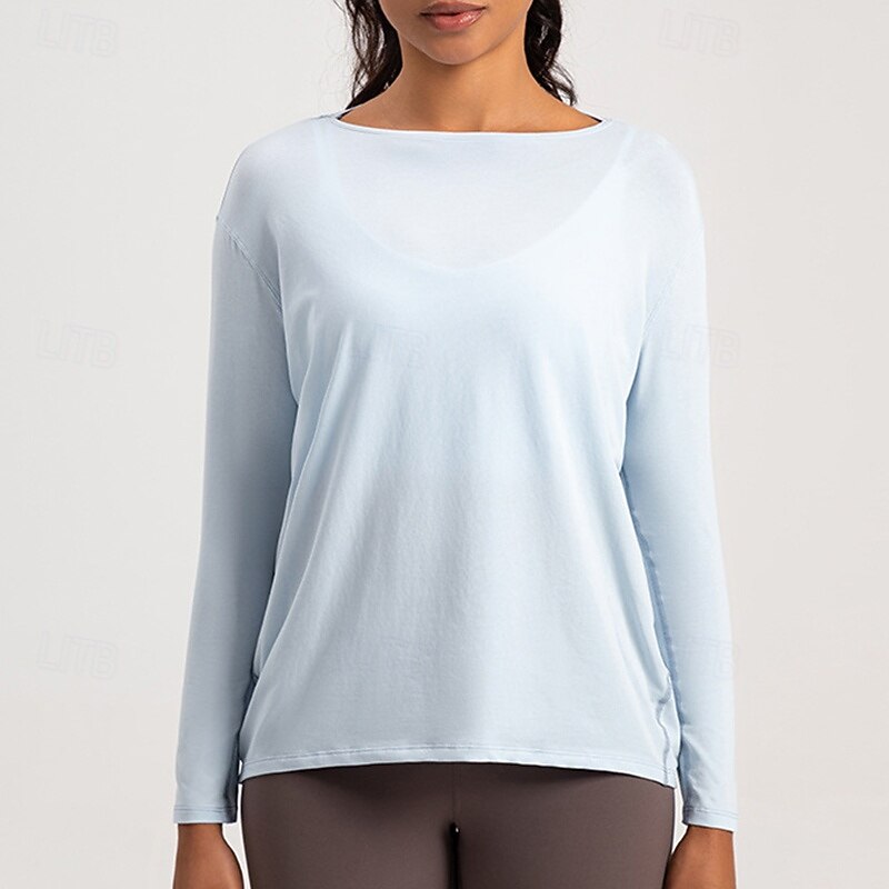 Women's Workout Shirt Breathable Loose Long Sleeve Sports Solid Color Top For Pilates Running Yoga Activewear2