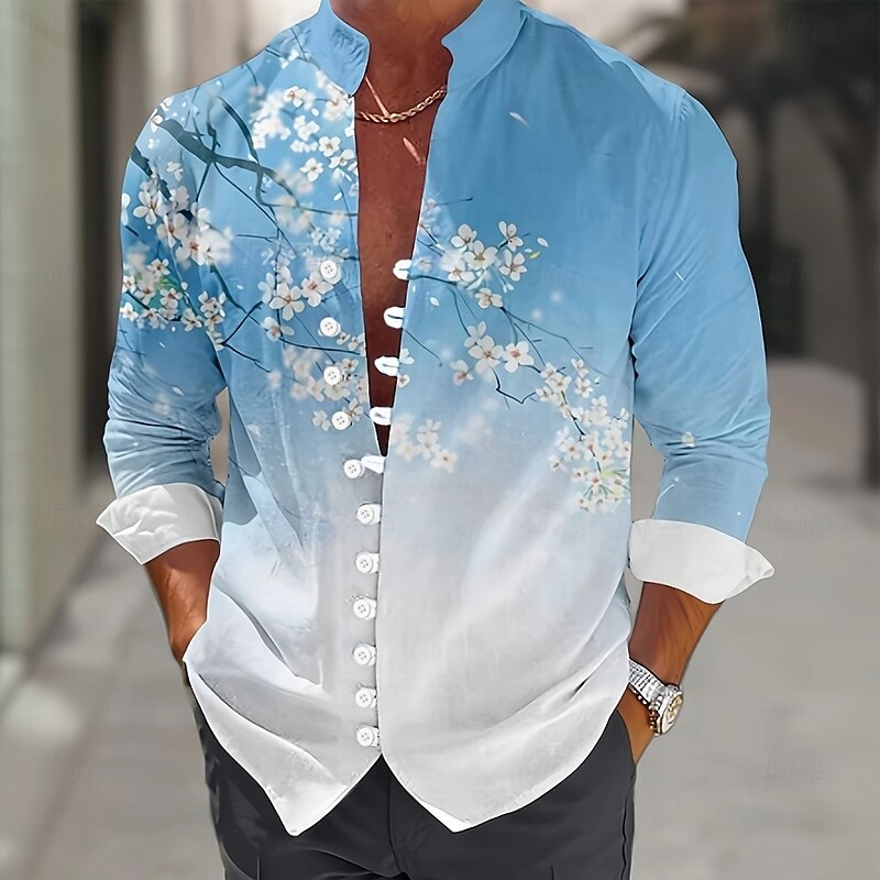Men's Floral Print Flowers Shirt Stand Collar Shirt Long Sleeve Casual Vacation Daily Wear Going out Spring Fall Mandarin Collar Band Collar Button-Down Linen Like Shirt Blue