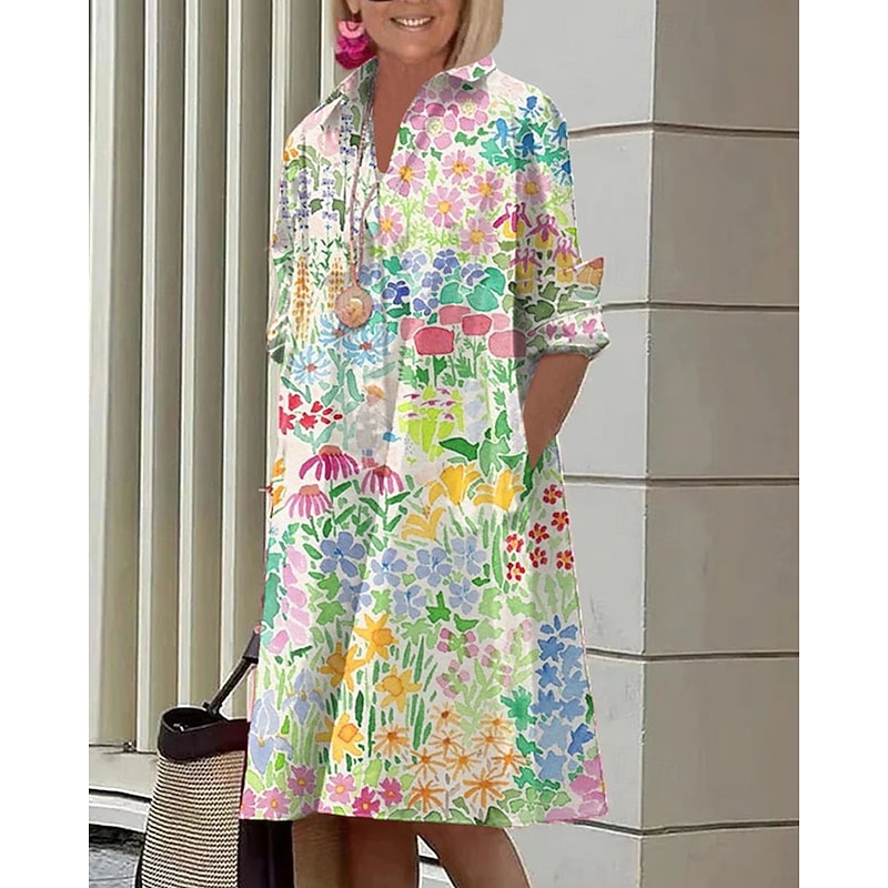 Women's Midi Dress Shirt Dress Casual Dress Fashion Modern Daily Beach Weekend Regular Fit Flower Long Sleeve Shirt Collar White Yellow Blue Orange Spring Fall2
