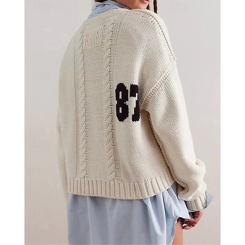 Women's Sweater Pullover Daily Stylish Casual Print Ribbed Crew Neck Knitted Long Sleeve Regular Tops Knit Daily Holiday Going out Khaki Dark Blue Fall Winter2