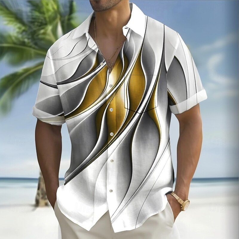 Men's Geometric Gradient Waves Shirt Summer Shirt Button Up Shirt Short Sleeve Fashion Casual Outdoor Vacation Dailywear Summer Spring Turndown 3D Print Collared Shirts Front One Pocket White 1 Black3