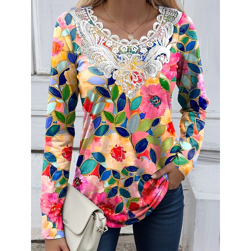 Women's Blouse Tunic Lace Splicing V Neck Long Sleeve Floral Graphic Plants Vintage Casual Crew Neck Tops Daily Going out Weekend Lace Patchwork Print White Pink Purple Green Khaki Fall Prefall2