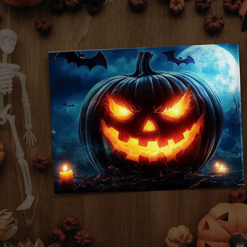 Halloween Jack-o'-Lantern Close-up LED Canvas Wall Art - Battery Operated Lighted Wall Decor for 2025 Halloween home decoration light livingroom and bedroom