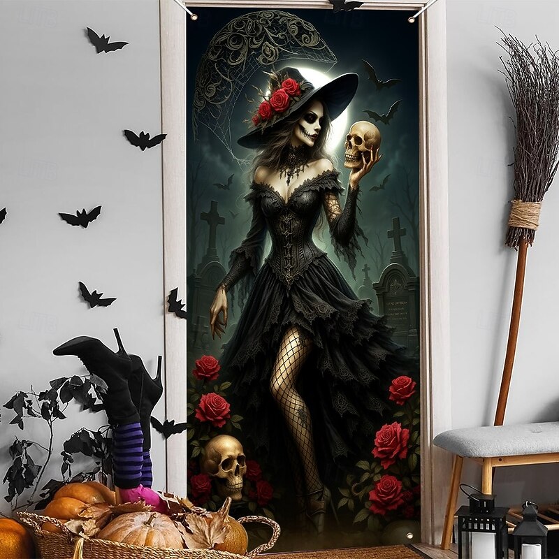 Halloween Door Cover – Witch with Red Roses, Haunted House Entrance Banner, Scary Outdoor & Indoor Decoration for 2025 Halloween Bedroom, Living Room, Bathroom2