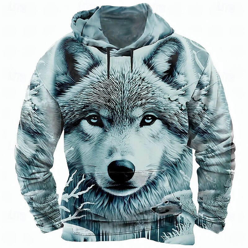 Men's Wolf 3D Hoodies Sweatshirt Cool Party Long Sleeve Crew Neck Club Streetwear White Blue Drawstring Fall Winter Designer4
