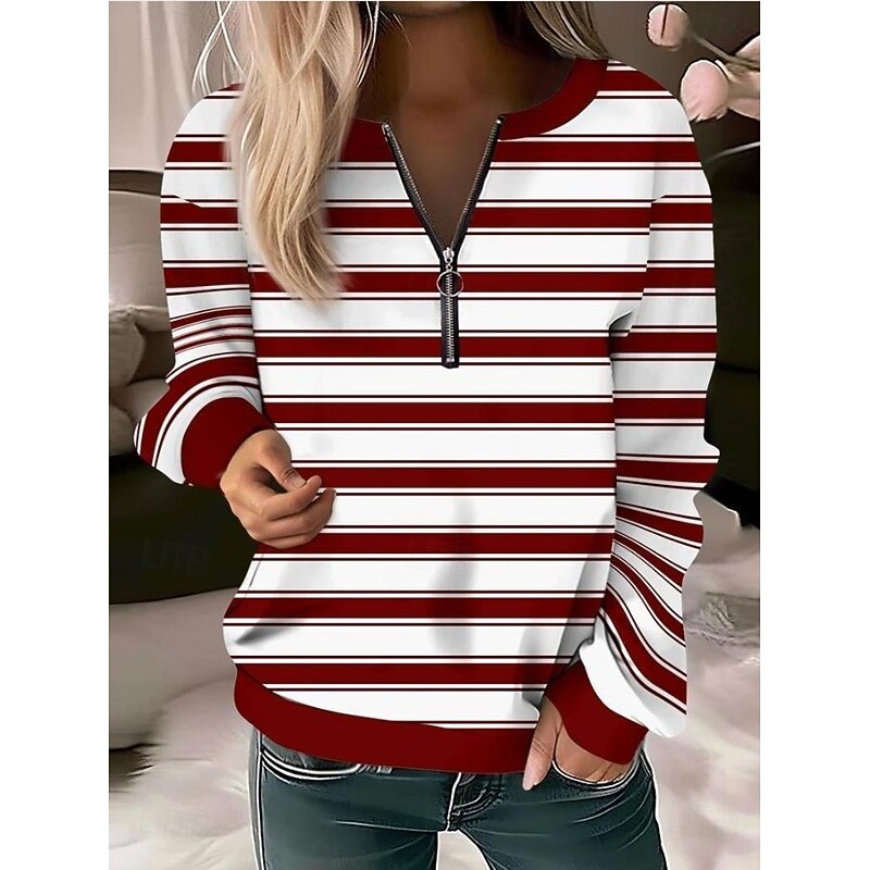 Women's Quarter Zipper Sweater Graphic Geometric Striped Warm Sports Fashion Long Sleeve Crew Neck Regular Tops Street Dailywear Casual Half Print Light Pink Red Blue Green Coffee Fall Winter3