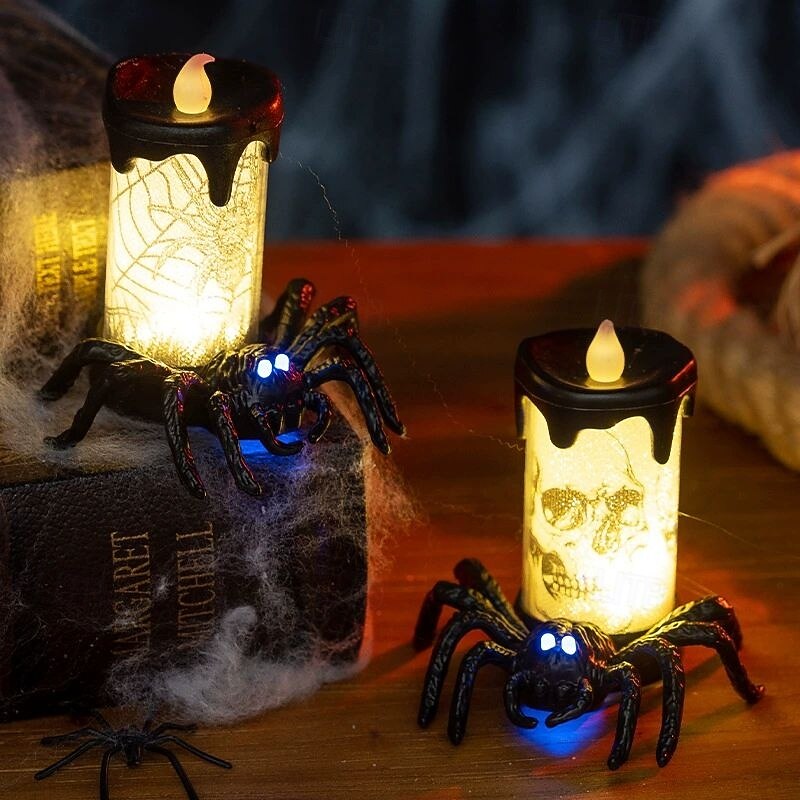 2PCS Halloween Skull Glowing Spider Light Holiday Party Decoration Ornaments LED Candle Halloween Night Light4