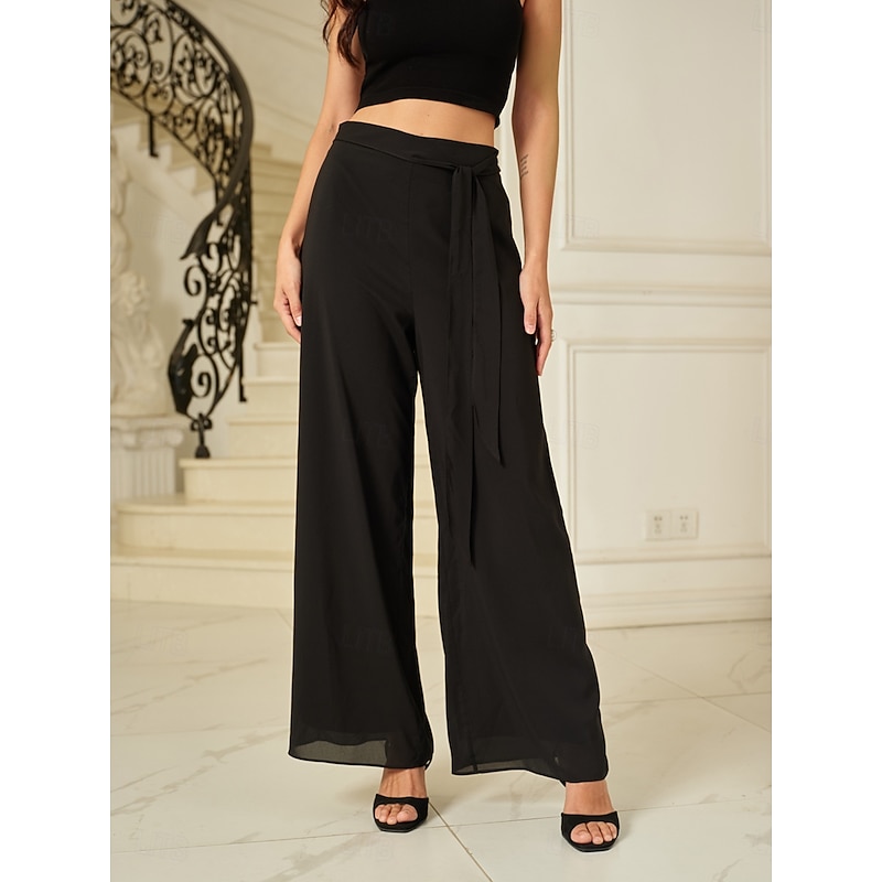 Women's Culottes Wide Leg Pants Trousers Elegant Full Length Medium Waist Plain Elastic Waist Micro-elastic Formal Office Dailywear Black Summer Spring Fall Loose Fit