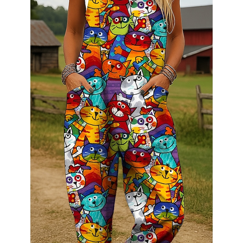 Women's Dungarees Active Graphic Sleeveless Wide Leg Print Vacation Street Loose Fit Yellow Red Blue Summer3