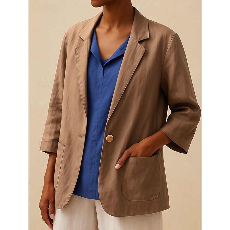 Women's Cotton Linen Blazer Comfortable Breathable Pocket Buttons Vintage Casual Plain Office Street Casual Daily Wear Single Breasted Regular Turndown Regular Fit Long Sleeve Outerwear Black2