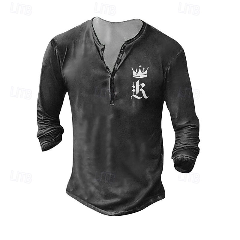 Men's Henley Shirt Tee Tee Top Long Sleeve Shirt Long Sleeve Henley Summer Fall Pattern Crown Fashion Designer Fashion Vintage Vacation Street Going out Dark Grey Black White Top Tee for Men - Main Image