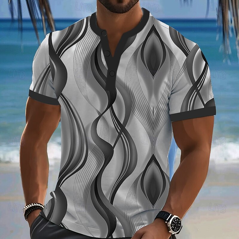 Men's Geometric Abstract T Shirt Henley Shirt Short Sleeve Designer Retro Vintage Casual Street Casual Daily Summer Spring Black Green Henley Henley T-Shirt2