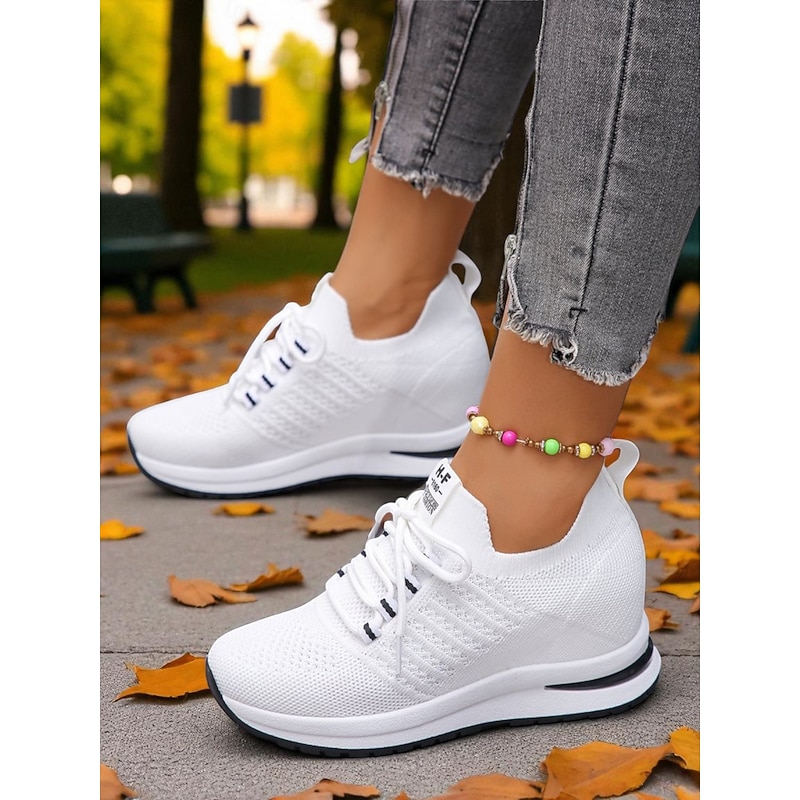 Women's Hidden Heel Flyknit Sneakers, Sporty Style with Bold Stripes, Perfect for Everyday Wear, Walking and Casual Outings2