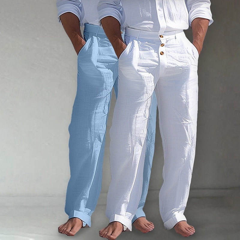 Men's Linen Pants Trousers Summer Pants Beach Pants Front Pocket Straight Leg Plain Comfort Breathable Full Length Outdoor Business Daily Vacation Fashion White+khaki Khaki+Black Inelastic2