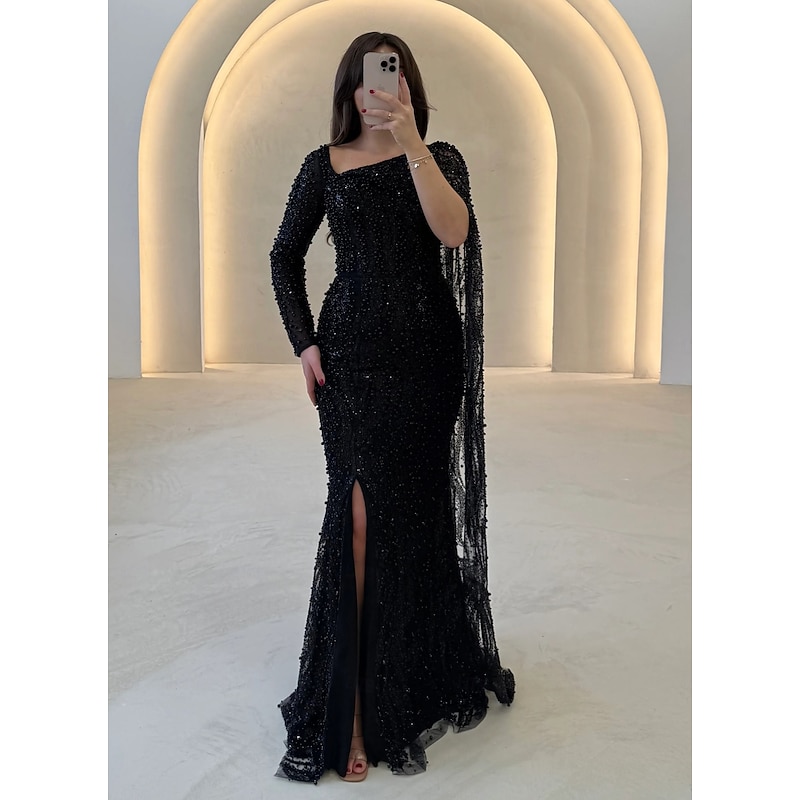 White Black Tie Mermaid Evening Gown Elegant Dress Formal Wedding Guest Floor Length Long Sleeve V Neck Sequined with Glitter Slit Shawl4