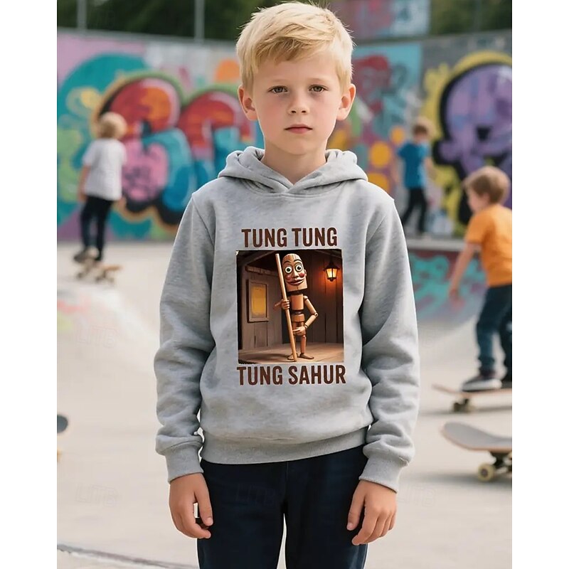 Boys' Casual Long Sleeve Hoodie with TUNG TUNG TUNG SAHUR Print 3D Spring Fall Fashion Streetwear Kids 4-12 Years Hooded Outdoor Casual Daily Regular Fit4